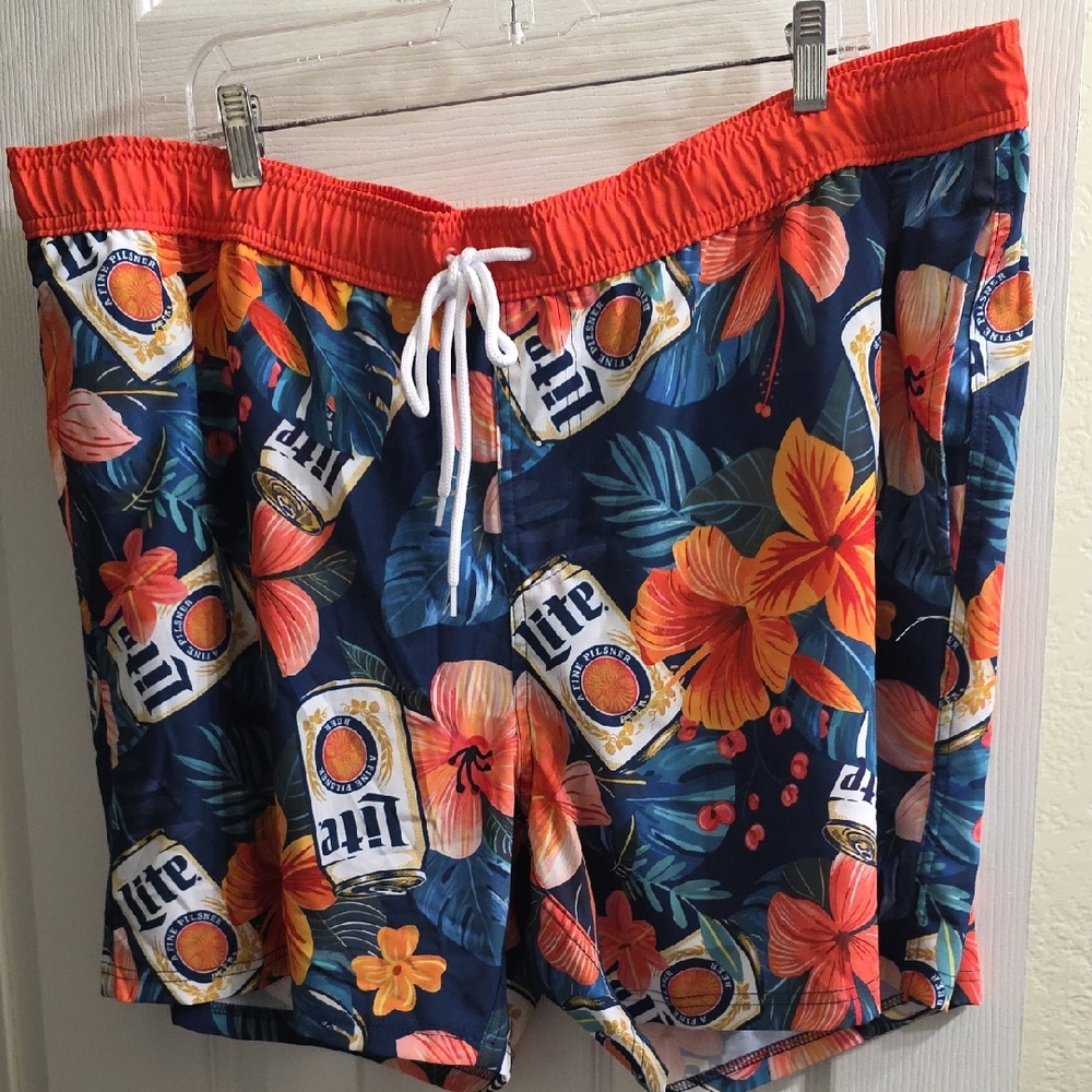 NEW Tropical Floral Men's Miller Lite Board Shorts - Navy and Orange Size XXL